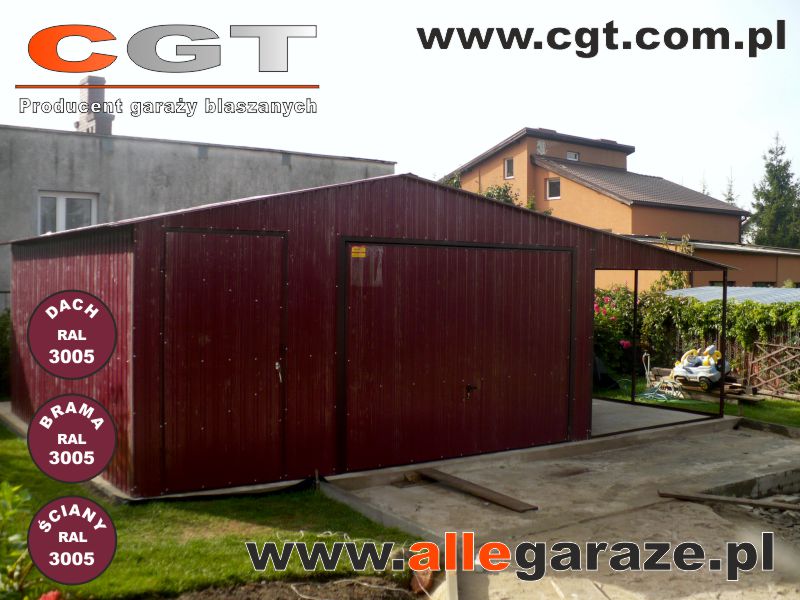 Garaże blaszane bordowe Garaż blaszany 5x5 z wiatą 3x5 - całość z blachy akrylowej RAL3005 cgt.com.pl allegaraze.pl