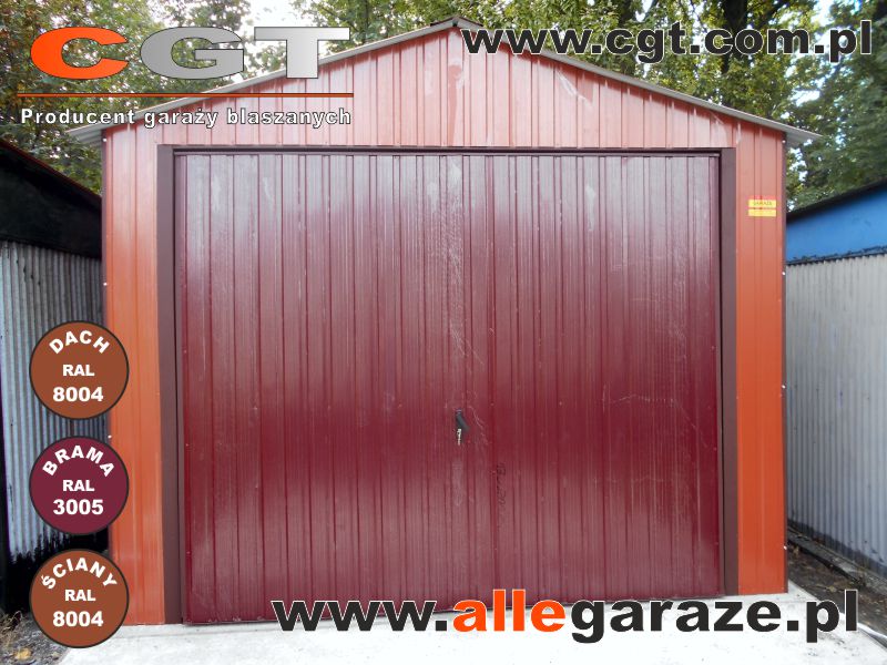 Garaże blaszane brązowe Garaże blaszane bordowe Garaż blaszany 3,5x6 z dwuspadowym dachem, ściany w kolorze RAL8004, brama uchylna w kolorze RAL3005 cgt.com.pl allegaraze.pl