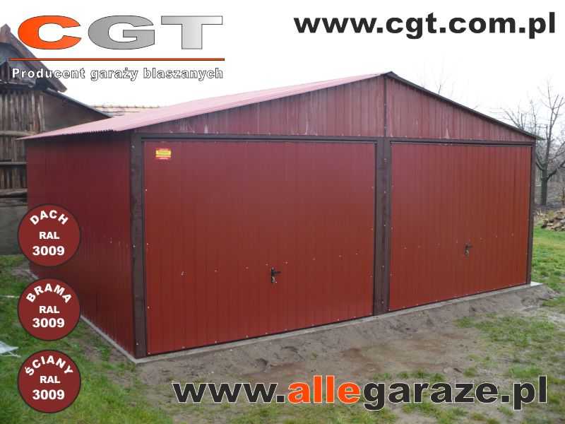 Garaże blaszane czerwony Garaż podwójny blaszany 6x5 dwuspadowy, bramy uchylne, całość kolor RAL3009 cgt.com.pl allegaraze.pl