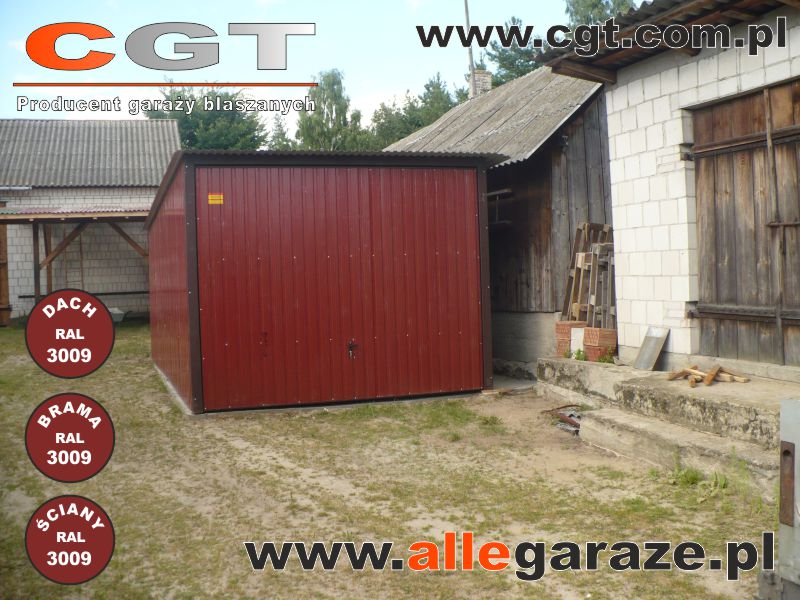 Garaże blaszane czerwony Garaż blaszany 3x5 z bramą uchylną, podniesiona wysokość całkowita o 40 cm, całość w kolorze RAL3009 cgt.com.pl allegaraze.pl