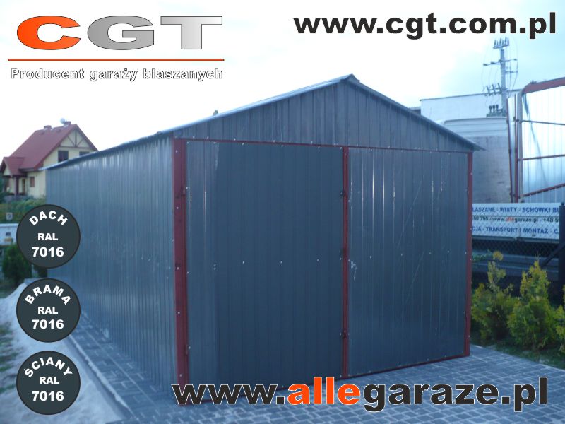 Garaże blaszane szary Garaż 3x5 z dachem dwuspadowym z blachy akrylowej w kolorze RAL7016 cgt.com.pl allegaraze.pl