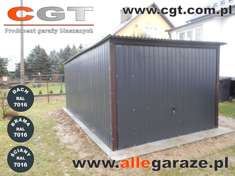 Garaże blaszane szary Garaż typowy 3x5 z bramą uchylną (podnoszoną) w kolorze grafitowym RAL7016 cgt.com.pl allegaraze.pl