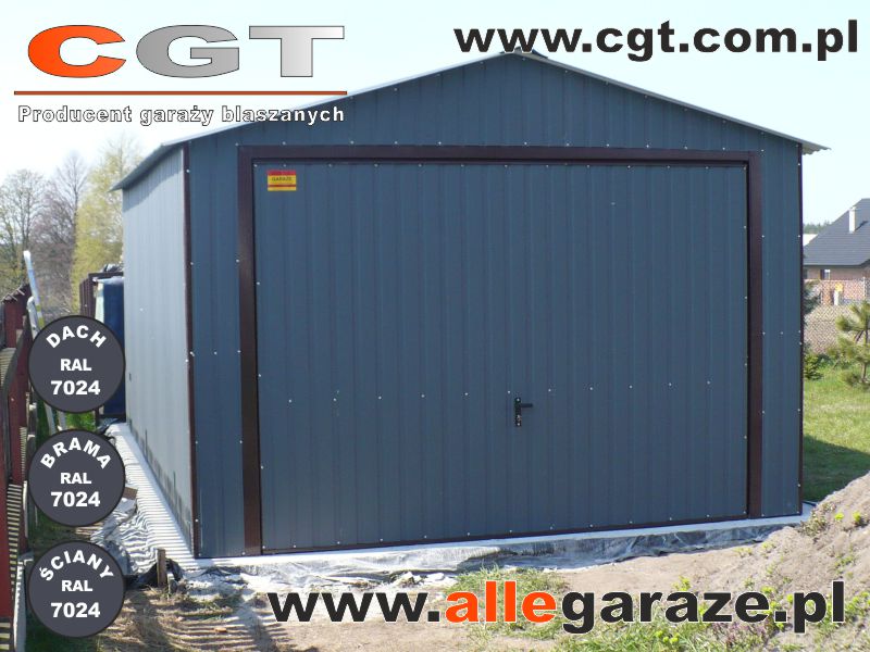 Garaże blaszane szary Garaż 3,5x6 z dachem dwuspadowym podnoszoną bramą w kolorze grafitowym RAL7024 cgt.com.pl allegaraze.pl