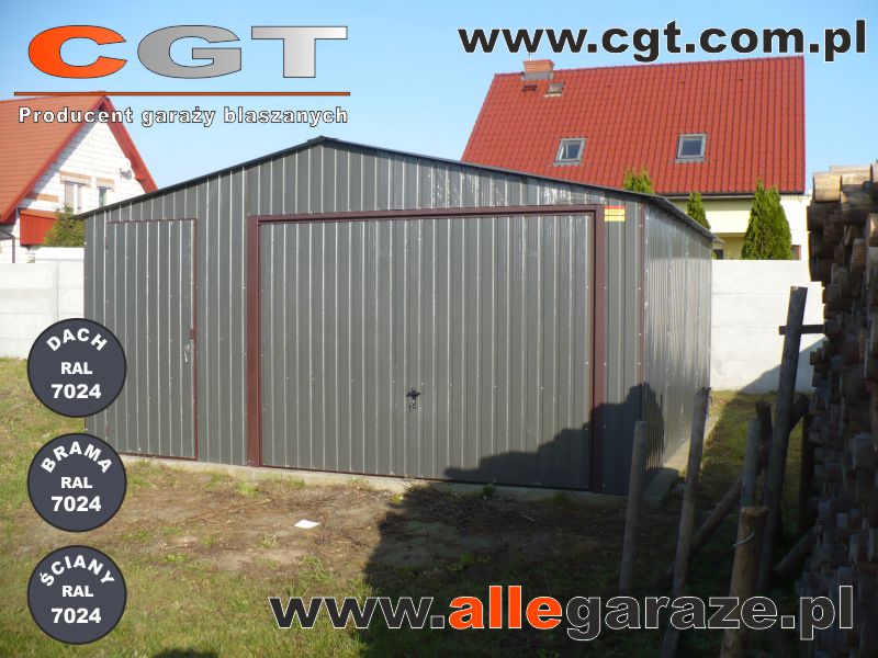 Garaże blaszane szary Garaż 5x5 z dachem dwuspadowym, brama podnoszoną i dodatkowymi drzwiami wejściowymi w kolorze grafitowym RAL7024 cgt.com.pl allegaraze.pl