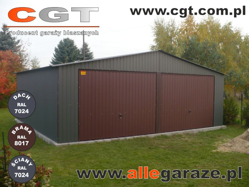 Garaże blaszane szary Garaż blaszany brązowy Garaż blaszany podwójny 7x5 z dachem dwuspadowym w kolorze grafitowym RAL7024, bramy uchylne w kolorze brązowym RAL8017 cgt.com.pl allegaraze.pl
