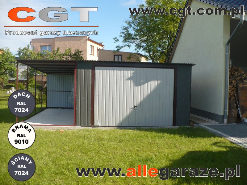 Garaże blaszane szary Garaż blaszany białyGaraż blaszany 4x6 z zadaszeniem 2x6 w kolorze grafitowym RAL7024, brama uchylna w kolorze białym RAL9010 cgt.com.pl allegaraze.pl