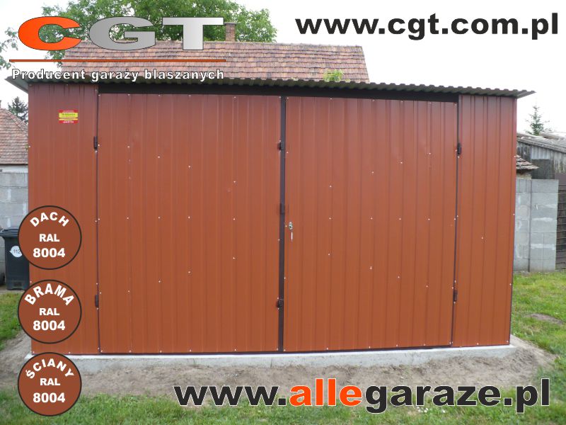 Garaże blaszane brązwowy Garaż blaszany 4x5 w kolorze ceglastym RAL8004 cgt.com.pl allegaraze.pl