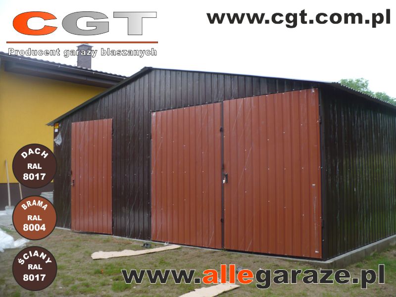 Garaże blaszane brązowe Garaż blaszany 6x5 z dachem dwuspadowym w kolorze brązowym RAL8017 z brama i dodatkowymi drzwiami w kolorze ceglastym RAL8004 cgt.com.pl allegaraze.pl