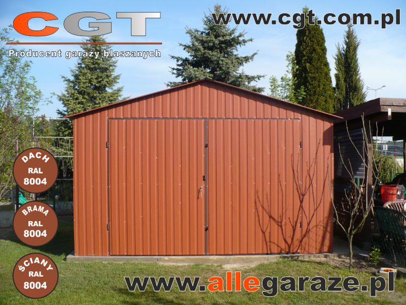 Garaże blaszane brązowy Domek ogrodowy 4x4 z dachem dwuspadowym w kolorze ceglastym RAL8004 cgt.com.pl allegaraze.pl