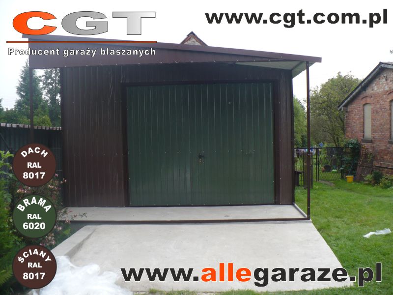 Garaże blaszane brązowe Garaż blaszany zielony Garaż brązowy RAL8017, wymiar 4x5 z zadaszeniem i zieloną bramą RAL6020 cgt.com.pl allegaraze.pl