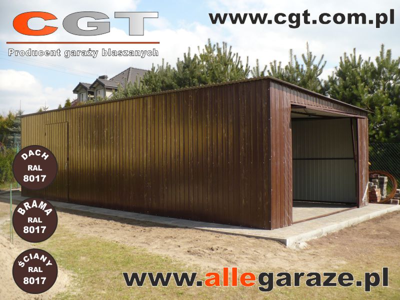 Garaże blaszane brązowe Garaż blaszany 4x7 z dachem spadzistym na bok, bramą uchylną i dodatkowymi drzwiami wejściowymi w kolorze brązowym RAL8017 cgt.com.pl allegaraze.pl