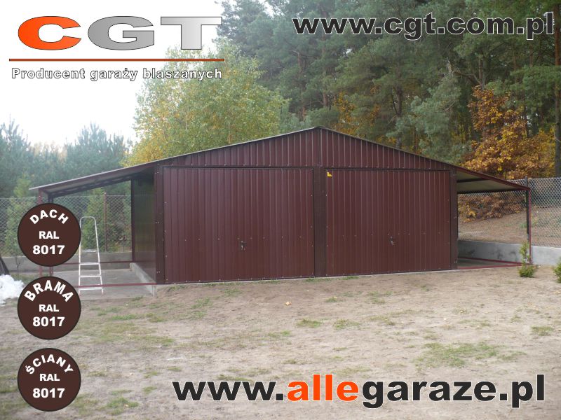Garaż blaszany brązowy Brązowy garaż 6x6 dwuspadowy z 2 zadaszeniami cgt.com.pl allegaraze.pl