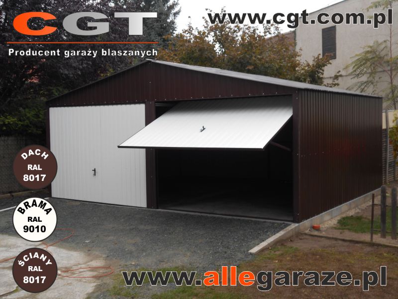 Garaże blaszany brązowy Garaż podwójny 6x5 z dachem dwuspadowym w kolorze brązowym RAL8017, bramy podnoszone w kolorze białym RAL9010 cgt.com.pl allegaraze.pl