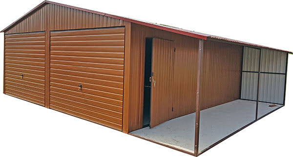 Garaż drewnopodobny w kolorze ZŁOTY DĄB o wymiarach 6x5 z dachem dwuspadowym i wiatą 2x5