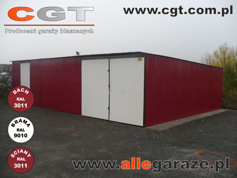 Garaże blaszane czerwony Garaże blaszane biały Garaż blaszany 9x5, ściany w kolorze czerwonym RAL3011, brama i drzwi w kolorze białym RAL9010 cgt.com.pl allegaraze.pl
