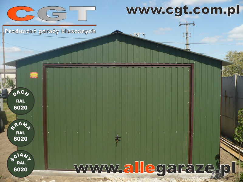 Garaże blaszane zielony Garaz blaszany 4x6 z dachem dwuspadowym i bramą uchylną w kolorze RAL6020 (BTX4702) cgt.com.pl allegaraze.pl