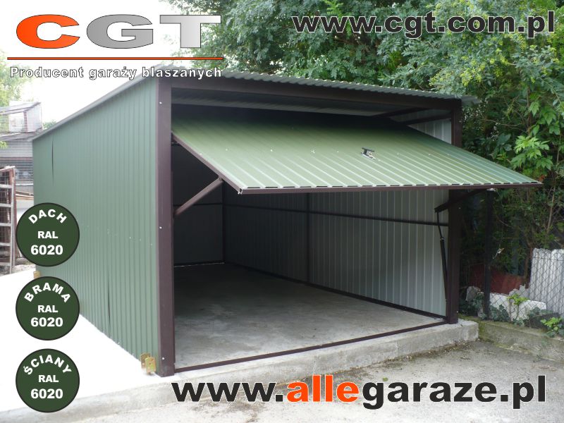 Garaże blaszane zielony Garaż blaszany 3x5 z bramą uchylną w kolorze zielonym RAL6020D (BTX4702) cgt.com.pl allegaraze.pl
