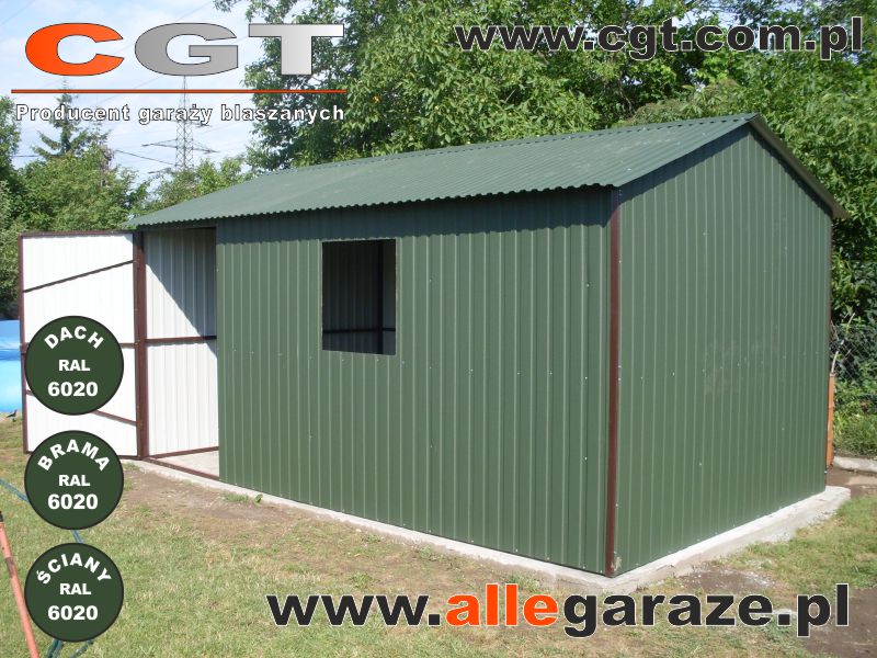 Garaże blaszane zielone Garaż blaszany, domek ogrodowy 4x3 z dachem dwuspadowym w kolorze zielonym RAL6020D (BTX4702) cgt.com.pl allegaraze.pl