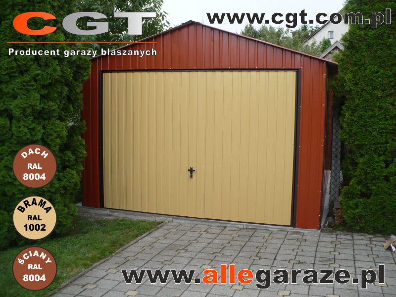 Garaże blaszane brązowy Garaż blaszany piaskowy Garaż blaszany 3,5x5 z dwuspadowym dachem w kolorze ceglastym RAL8004, brama uchylna w kolorze piaskowym RAL1002 cgt.com.pl allegaraze.pl