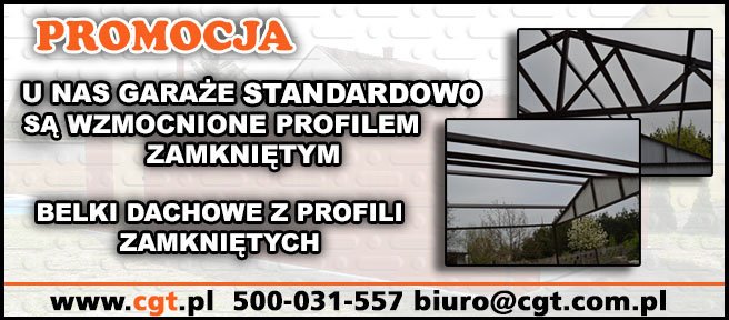 Konstrukcja dachu wykonana z profili zamkniętych  Konstrukcje dachu (zarówno belki dachowe jak i kratownice) naszych garaży wykonujemy z profili zamkniętych. Dzieki wprowadzeniu takiego rozwiązania, nasze garaże są jeszcze bardziej wytrzymałe na warunki atmosferyczne (śnieg, obciążenie)